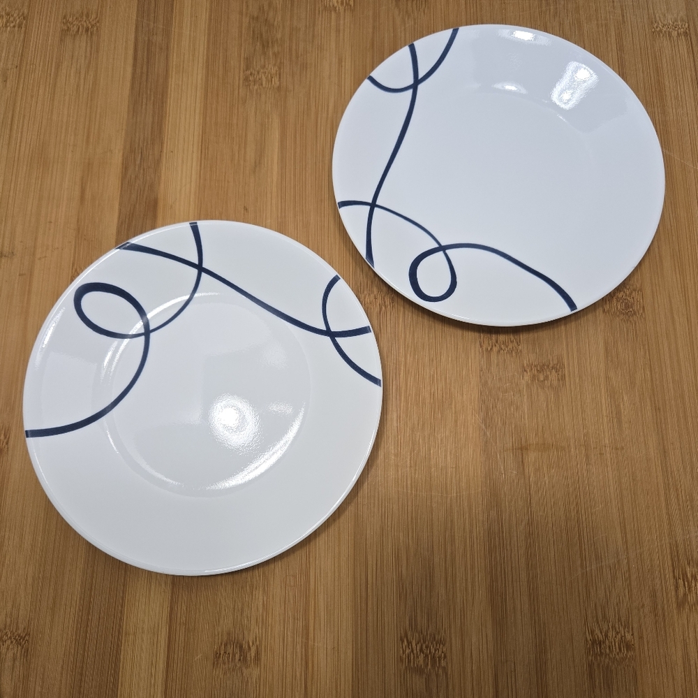 Set of 2 Corelle LIA Bread and Butter Salad Dessert Plates Navy Blue Swirl White
